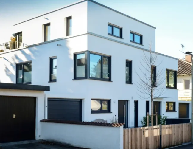 Modernes weißes zweistöckiges Haus mit Flachdach, großen Fenstern, Garage und kleinem eingezäunten Hof an einem sonnigen Tag.