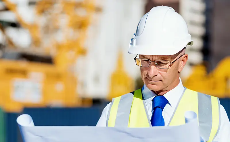 Ein Mann mit Schutzhelm und Warnweste prüft bei einem Bauunternehmen in Bayern Pläne für nachhaltige Qualität.