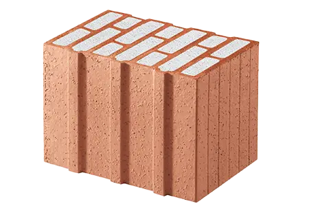 Ein Hohlziegel mit vertikalen rechteckigen Löchern, perfekt für das Massivhaus bauen, in perspektivischer Ansicht.
