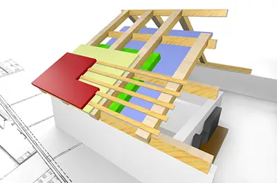 3D-Modell einer Gebäudedachkonstruktion mit Holzbalken, farbigen Paneelen - Symbolbild für die Eingabeplanung.