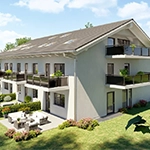 Moderner Massivhausbau: zweistöckige Wohnung mit Balkonen, Außenterrasse und grünem Rasen unter blauem Himmel.